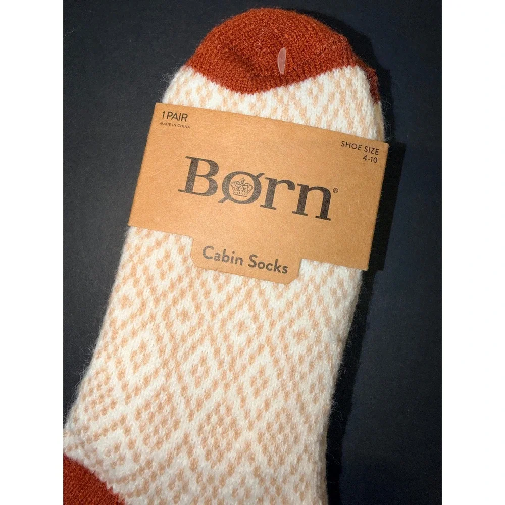 Born Womens Cabin Socks Cream Rust Orange Fair Isle Fuzzy Lined Crew Sz 4-10 NEW